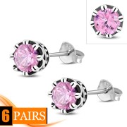 Vintage Royal Crown Celtic Rose Pink CZ Sterling Silver Stud Earrings - e455